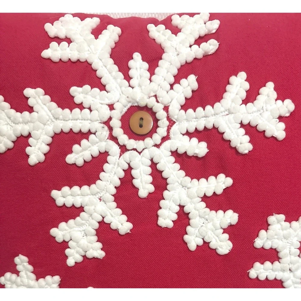 Red Christmas Snowflake Throw Pillow White Textured Pom Pom Button Accent 16x16
